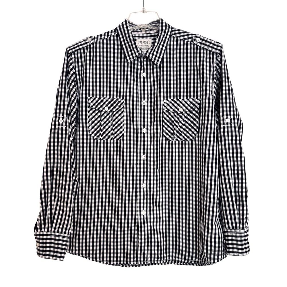 PD&C Mens Gingham Button Down Shirt Black White Cotton Epaulettes XL